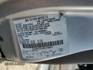 2003 Ford Focus ZX3 with VIN 3FAFP31Z33R178841, listed as a Copart auction lot 43453095 with 187,698 mi miles and Salvage title. Bid and sale history available at DreamBid. Image 13.