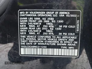 2022 Volkswagen Atlas SE with VIN 1V2LC2CA6NC211244, listed as a IAAI auction lot 41610487 with 49,494 mi miles and . Bid and sale history available at DreamBid. Image 9.