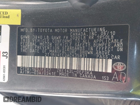 2010 Toyota Corolla with VIN 2T1BU4EE2AC435831, listed as a IAAI auction lot 42244950 with 191,370 mi miles and . Bid and sale history available at DreamBid. Image 9.