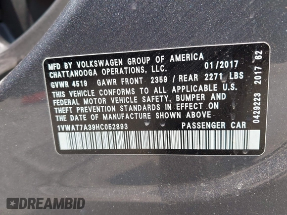 2017 Volkswagen Passat S with VIN 1VWAT7A39HC052893, listed as a IAAI auction lot 42415313 with 91,299 mi miles and . Bid and sale history available at DreamBid. Image 9.