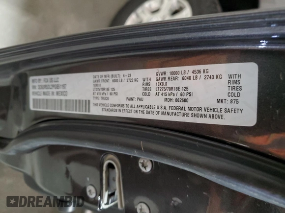 2023 Ram 2500 Big Horn with VIN 3C6UR5DL2PG651197, listed as a Copart auction lot 51972035 with 59,645 mi miles and Salvage Title. Bid and sale history available at carsss.com. Image 12.