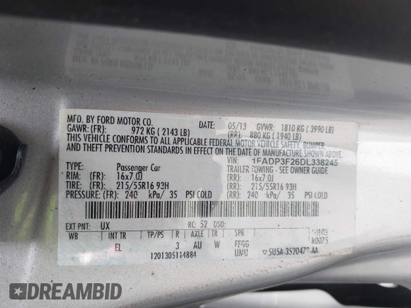 2013 Ford Focus SE with VIN 1FADP3F26DL338245, listed as a IAAI auction lot 41529378 with 176,736 mi miles and . Bid and sale history available at DreamBid. Image 9.