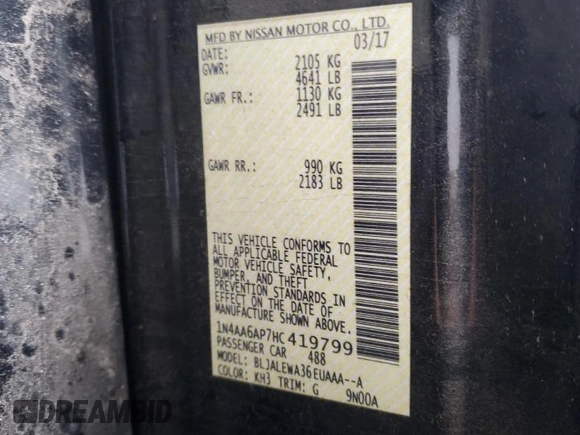 2017 Nissan Maxima SR with VIN 1N4AA6AP7HC419799, listed as a Copart auction lot 86616794 with 117,251 mi miles and Salvage title. Bid and sale history available at DreamBid. Image 12.