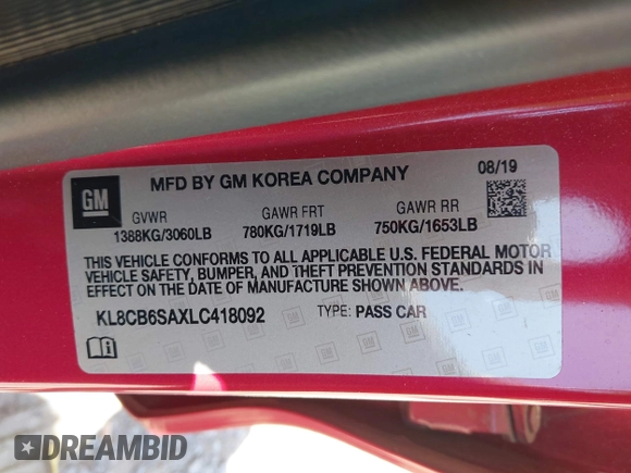 2020 Chevrolet Spark LS with VIN KL8CB6SAXLC418092, listed as a IAAI auction lot 42054747 with 42,295 mi miles and . Bid and sale history available at DreamBid. Image 9.