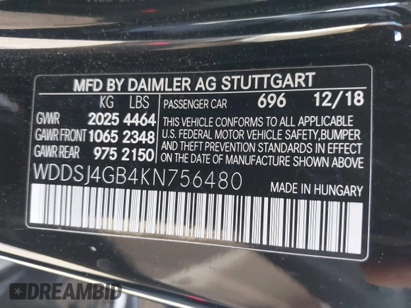 2019 Mercedes-Benz CLA 250 with VIN WDDSJ4GB4KN756480, listed as a IAAI auction lot 41301582 with 112,907 mi miles and . Bid and sale history available at DreamBid. Image 9.