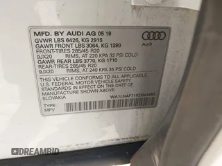2019 Audi Q7 Premium Plus with VIN WA1LHAF71KD044983, listed as a IAAI auction lot 41367170 with 62,564 mi miles and . Bid and sale history available at DreamBid. Image 9.