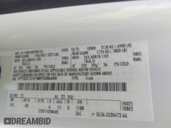 2021 Ford F-150 XL with VIN 1FTEX1C51MFD08456, listed as a IAAI auction lot 42220056 with 52,437 mi miles and . Bid and sale history available at DreamBid. Image 9.