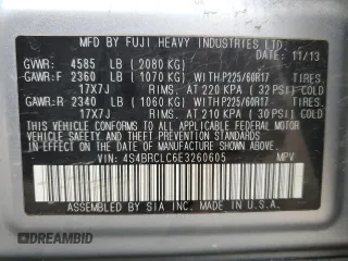 2014 Subaru Outback Limited with VIN 4S4BRCLC6E3260605, listed as a Copart auction lot 59238705 with 85,283 mi miles and Salvage title. Bid and sale history available at DreamBid. Image 14.