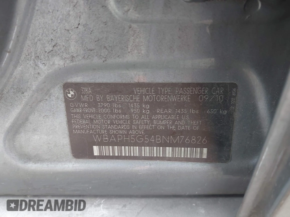 2011 BMW 3 Series 328i with VIN WBAPH5G54BNM76826, listed as a IAAI auction lot 42282906 with Not provided miles and . Bid and sale history available at DreamBid. Image 9.