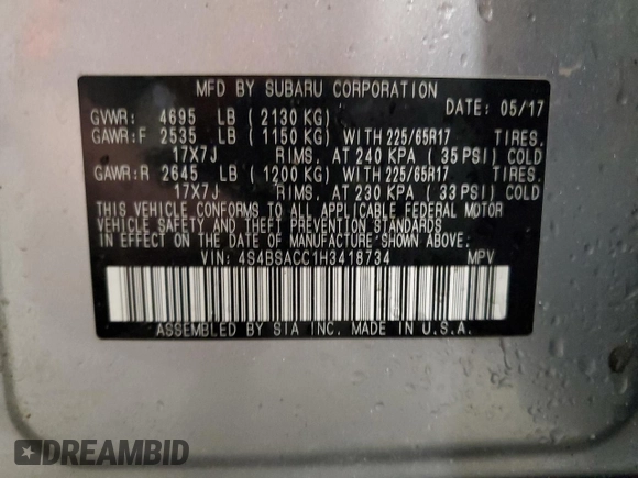 2017 Subaru Outback Premium с VIN 4S4BSACC1H3418734, выставлен на аукционе Copart как лот 54127455 с пробегом 156 639 миль миль и Списание • Salvage title. История ставок и продаж доступна на DreamBid. Изображение 14.