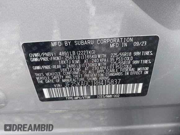 2024 Subaru Forester Sport with VIN JF2SKAGC1RH415837, listed as a IAAI auction lot 41622111 with 4,994 mi miles. Bid and sale history available at carsss.com. Image 9.