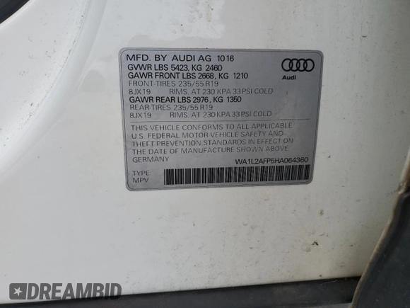 2017 Audi Q5 Premium Plus z VIN WA1L2AFP5HA064360, wystawiony jako Copart lot #60106935 z przebiegiem 169 124 mil mil oraz Szkoda całkowita • Salvage title. Historia ofert i sprzedaży dostępna na DreamBid. Obrazek 13.