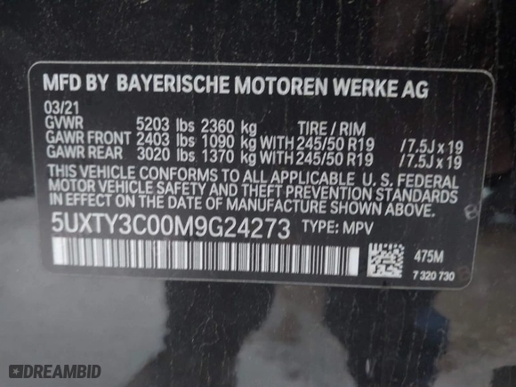 2021 BMW X3 sDrive30i with VIN 5UXTY3C00M9G24273, listed as a IAAI auction lot 41745836 with 41,916 mi miles. Bid and sale history available at carsss.com. Image 9.