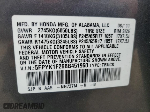 2011 Honda Ridgeline RT z VIN 5FPYK1F26BB451960, wystawiony jako Copart lot #53733215 z przebiegiem 202 556 mil mil oraz Szkody całkowita. Historia ofert i sprzedaży dostępna na DreamBid. Obrazek 13.