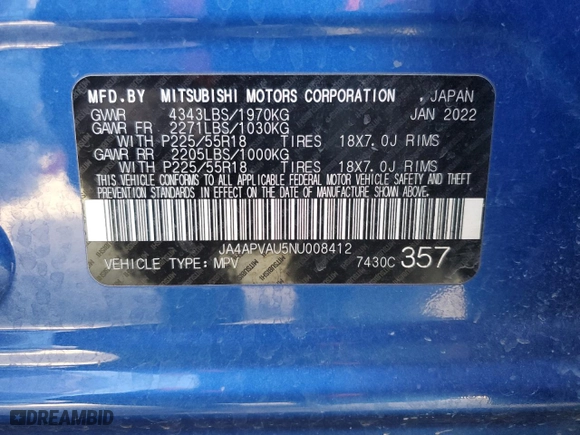 2022 Mitsubishi Outlander Sport SE with VIN JA4APVAU5NU008412, listed as a Copart auction lot 87552935 with 34,333 mi miles and Salvage Title. Bid and sale history available at carsss.com. Image 13.