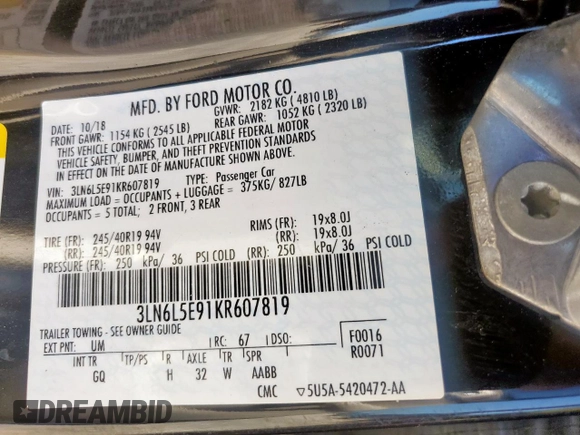 2019 Lincoln MKZ Reserve II with VIN 3LN6L5E91KR607819, listed as a Copart auction lot 58174935 with 45,128 mi miles and Clean title. Bid and sale history available at DreamBid. Image 12.