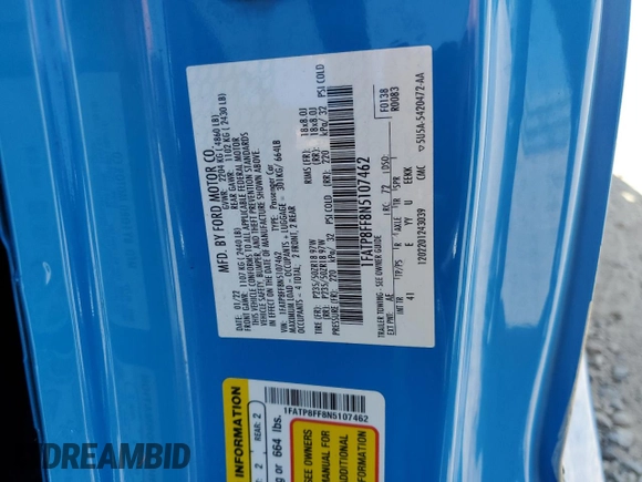 2022 Ford Mustang GT Premium with VIN 1FATP8FF8N5107462, listed as a Copart auction lot 60014115 with 58,878 mi miles and Salvage title. Bid and sale history available at DreamBid. Image 13.