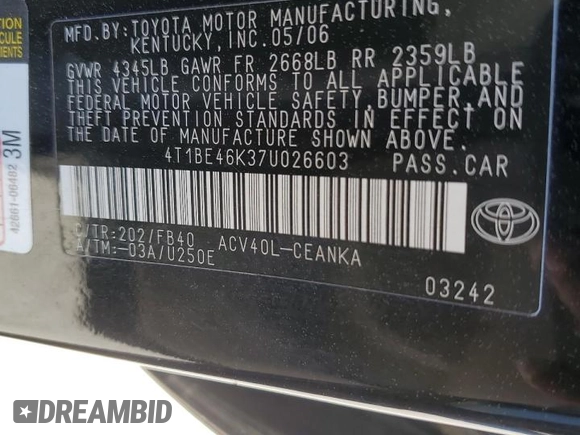 2007 Toyota Camry CE with VIN 4T1BE46K37U026603, listed as a Copart auction lot 48874715 with 278,541 mi miles and Salvage Title. Bid and sale history available at carsss.com. Image 14.