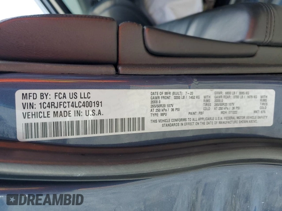 2020 Jeep Grand Cherokee High Altitude with VIN 1C4RJFCT4LC400191, listed as a Copart auction lot 45588865 with 125,030 mi miles and Clean title. Bid and sale history available at DreamBid. Image 13.