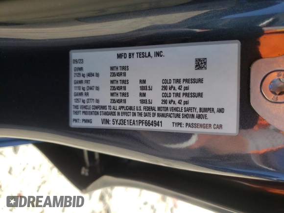 2023 Tesla Model 3 with VIN 5YJ3E1EA1PF664941, listed as a Copart auction lot 58097005 with 39,391 mi miles and Salvage title. Bid and sale history available at DreamBid. Image 12.