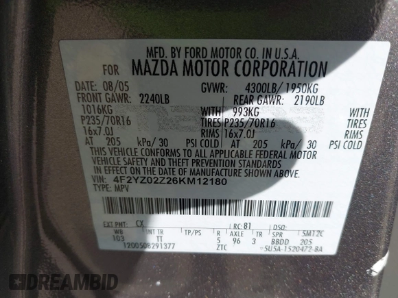 2006 Mazda Tribute i with VIN 4F2YZ02Z26KM12180, listed as a IAAI auction lot 41959606 with 228,217 mi miles and . Bid and sale history available at DreamBid. Image 9.