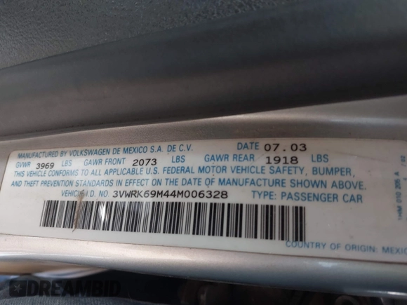 2004 Volkswagen Jetta GL с VIN 3VWRK69M44M006328, выставлен на аукционе IAAI как лот 42029197 с пробегом 143 906 миль миль и . История ставок и продаж доступна на DreamBid. Изображение 9.