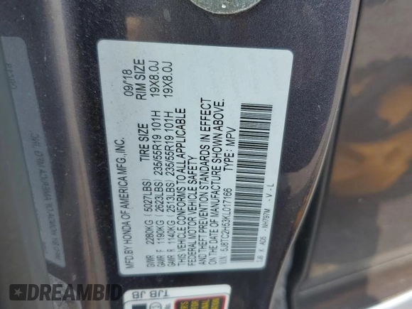2019 Acura RDX Technology with VIN 5J8TC2H53KL017166, listed as a Copart auction lot 59025795 with 94,139 mi miles and Salvage title. Bid and sale history available at DreamBid. Image 13.