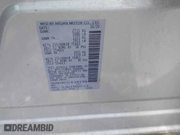2020 Nissan Pathfinder SV с VIN 5N1DR2BM7LC638599, выставлен на аукционе IAAI как лот 42225304 с пробегом 8 миль миль и . История ставок и продаж доступна на DreamBid. Изображение 9.