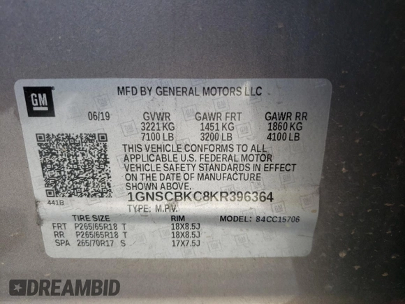 2019 Chevrolet Tahoe LT z VIN 1GNSCBKC8KR396364, wystawiony jako Copart lot #49660755 z przebiegiem 129 014 mil mil oraz Szkoda całkowita • Salvage title. Historia ofert i sprzedaży dostępna na DreamBid. Obrazek 13.