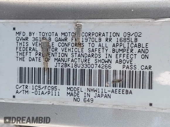 2003 Toyota Prius z VIN JT2BK18U330074266, wystawiony jako IAAI lot #42051919 z przebiegiem 214 567 mil mil oraz . Historia ofert i sprzedaży dostępna na DreamBid. Obrazek 9.