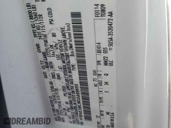 2012 Ford Econoline Passenger XL with VIN 1FBNE3BL9CDA99855, listed as a Copart auction lot 42314435 with 145,541 mi miles and Salvage title. Bid and sale history available at DreamBid. Image 13.