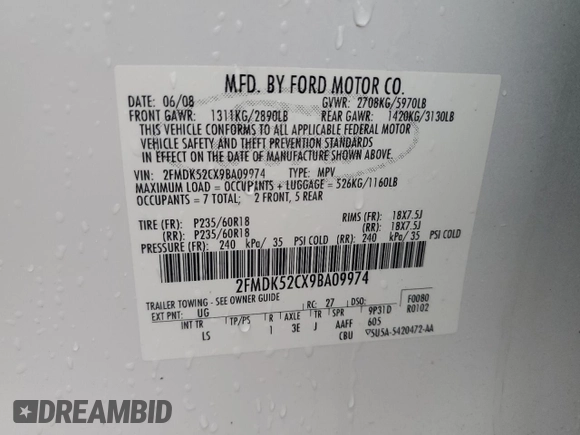 2009 Ford Flex SEL z VIN 2FMDK52CX9BA09974, wystawiony jako Copart lot #57184765 z przebiegiem 184 769 mil mil oraz Szkoda całkowita • Salvage title. Historia ofert i sprzedaży dostępna na DreamBid. Obrazek 13.