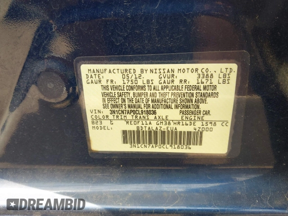 2012 Nissan Versa S with VIN 3N1CN7AP0CL918036, listed as a IAAI auction lot 42725618 with 153,374 mi miles and . Bid and sale history available at DreamBid. Image 9.