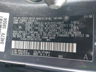 2008 Toyota Sienna XLE with VIN 5TDZK22C88S165100, listed as a IAAI auction lot 41744260 with 0 mi miles. Bid and sale history available at carsss.com. Image 9.
