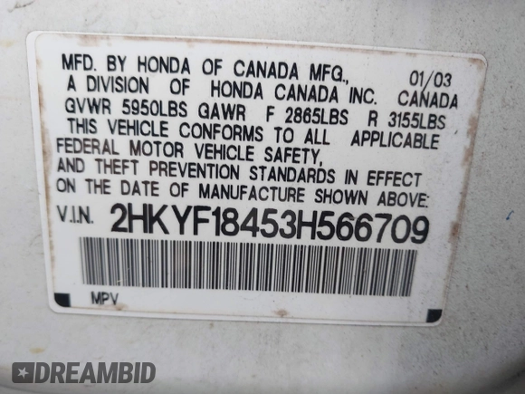 2003 Honda Pilot EX with VIN 2HKYF18453H566709, listed as a IAAI auction lot 42239595 with 191,626 mi miles and . Bid and sale history available at DreamBid. Image 9.