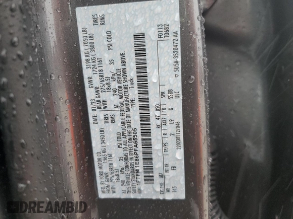 2023 Ford F-150 XL with VIN 1FTFW1E86PFA65505, listed as a Copart auction lot 60644385 with 6,959 mi miles and Salvage title. Bid and sale history available at DreamBid. Image 12.