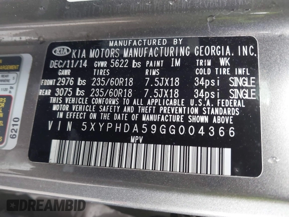 2016 Kia Sorento EX with VIN 5XYPHDA59GG004366, listed as a IAAI auction lot 41723841 with 23,284 mi miles. Bid and sale history available at carsss.com. Image 9.