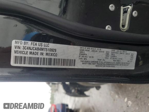 2021 Jeep Compass Sport с VIN 3C4NJCAB4MT510929, выставлен на аукционе Copart как лот 57961595 с пробегом 37 715 миль миль и Списание • Salvage title. История ставок и продаж доступна на DreamBid. Изображение 13.