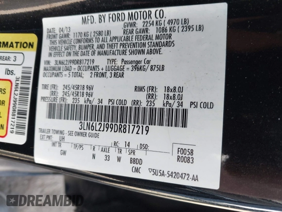 2013 Lincoln MKZ with VIN 3LN6L2J99DR817219, listed as a IAAI auction lot 42503896 with 98,757 mi miles and . Bid and sale history available at DreamBid. Image 9.