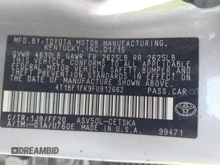 2015 Toyota Camry XLE with VIN 4T1BF1FK9FU912662, listed as a IAAI auction lot 42167247 with 206,295 mi miles and . Bid and sale history available at DreamBid. Image 9.