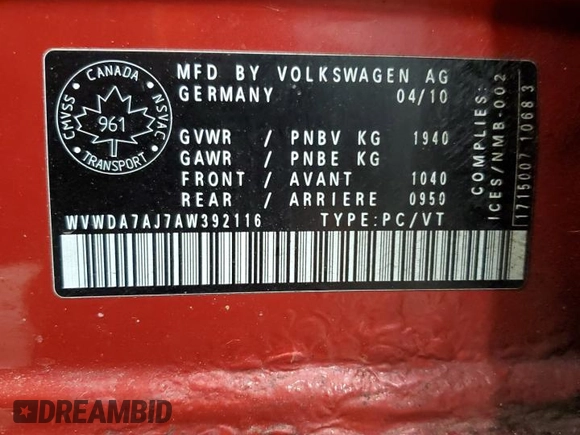 2010 Volkswagen Golf с VIN WVWDA7AJ7AW392116, выставлен на аукционе Copart как лот 49850735 с пробегом 164 897 миль миль и Чистый • Clean title. История ставок и продаж доступна на DreamBid. Изображение 12.