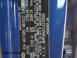 2020 Kia Forte LXS with VIN 3KPF24AD1LE216500, listed as a Copart auction lot 85343874 with 125,814 mi miles and Salvage Title. Bid and sale history available at carsss.com. Image 12.