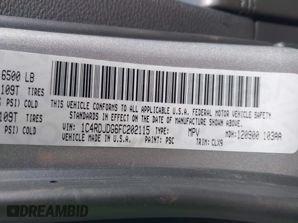 2015 Dodge Durango Limited with VIN 1C4RDJDG6FC202115, listed as a IAAI auction lot 42041272 with 162,755 mi miles. Bid and sale history available at carsss.com. Image 9.