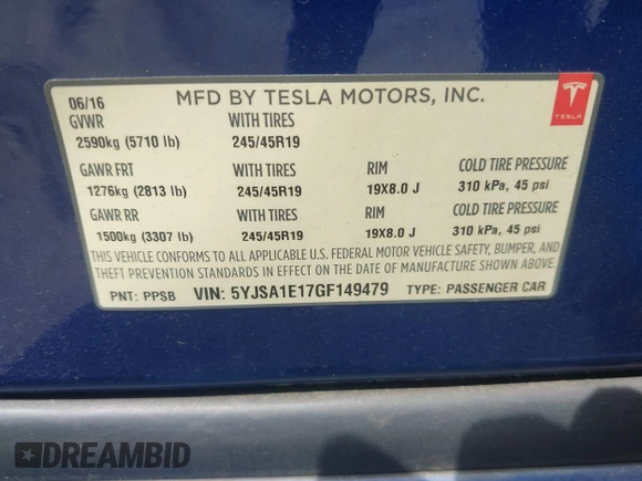 2016 Tesla Model S 70 with VIN 5YJSA1E17GF149479, listed as a IAAI auction lot 42609734 with 175,007 mi miles and . Bid and sale history available at DreamBid. Image 9.
