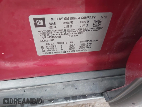 2015 Buick Encore with VIN KL4CJASB3FB257465, listed as a IAAI auction lot 41545803 with 65,881 mi miles and . Bid and sale history available at DreamBid. Image 9.