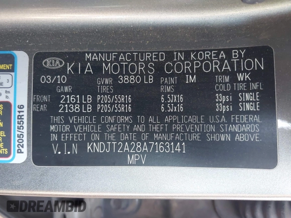2010 Kia Soul + with VIN KNDJT2A28A7163141, listed as a IAAI auction lot 42035132 with 211,661 mi miles. Bid and sale history available at carsss.com. Image 9.