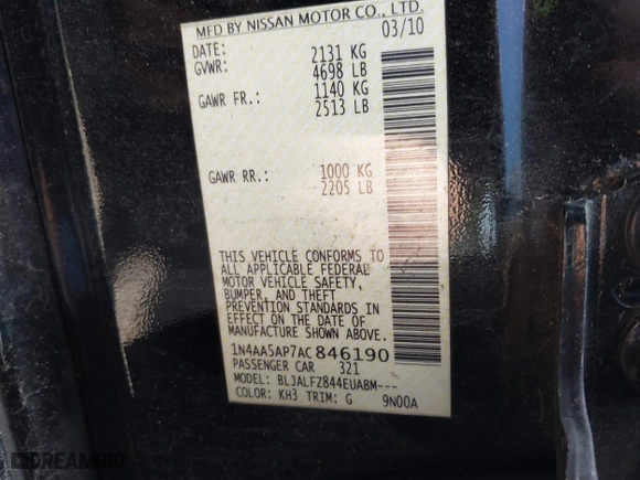 2010 Nissan Maxima 3.5 SV w/Premium Pkg with VIN 1N4AA5AP7AC846190, listed as a IAAI auction lot 40232653 with 136,384 mi miles. Bid and sale history available at carsss.com. Image 9.