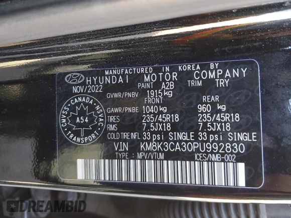 2023 Hyundai Kona N Line with VIN KM8K3CA30PU992830, listed as a Copart auction lot 85872864 with 32,365 mi miles and Salvage Title. Bid and sale history available at carsss.com. Image 13.