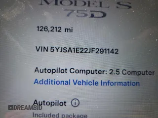 2018 Tesla Model S 75D with VIN 5YJSA1E22JF291142, listed as a Copart auction lot 65682055 with 126,212 mi miles and Salvage title. Bid and sale history available at DreamBid. Image 9.