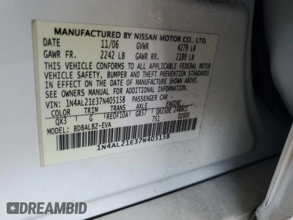 2007 Nissan Altima 2.5 with VIN 1N4AL21E37N405158, listed as a Copart auction lot 47468655 with 214,579 mi miles and Salvage Title. Bid and sale history available at carsss.com. Image 14.